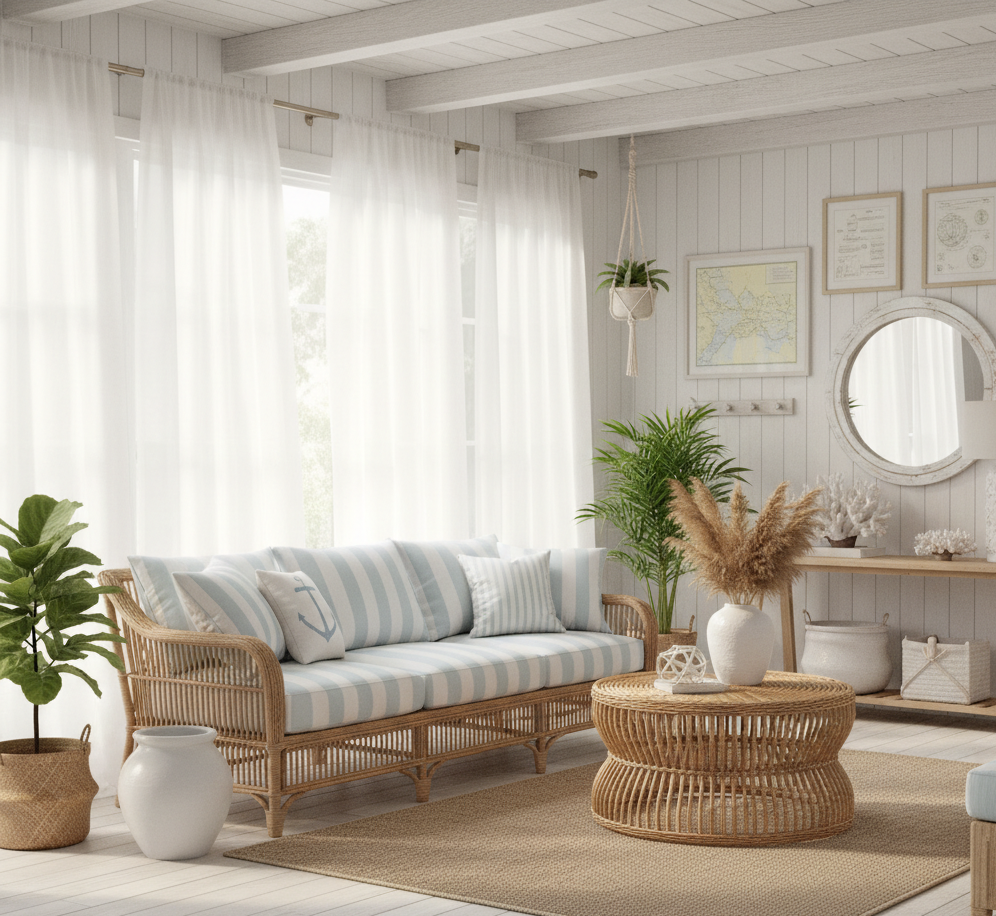 Coastal American living room with rattan furniture, light blue and white decor, sunlight through sheer curtains, and budget-friendly beach-inspired design