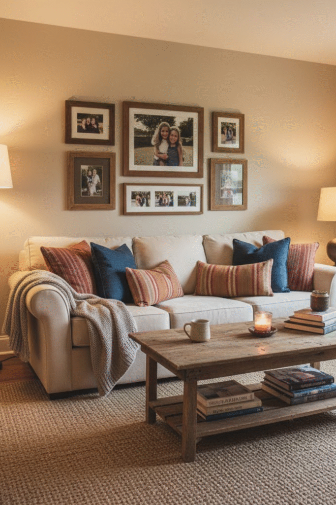 Cozy American living room with warm lighting, neutral tones, throw blankets, and budget-friendly USA-style home decor