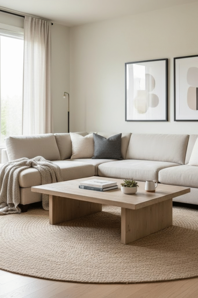 Modern American living room with neutral tones, cozy sofa, soft lighting, and budget-friendly USA interior design style