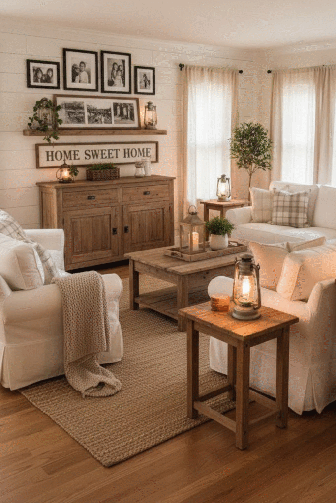 Budget farmhouse interior with reclaimed wood furniture, cozy cushions, vintage lanterns, and rustic American design style.