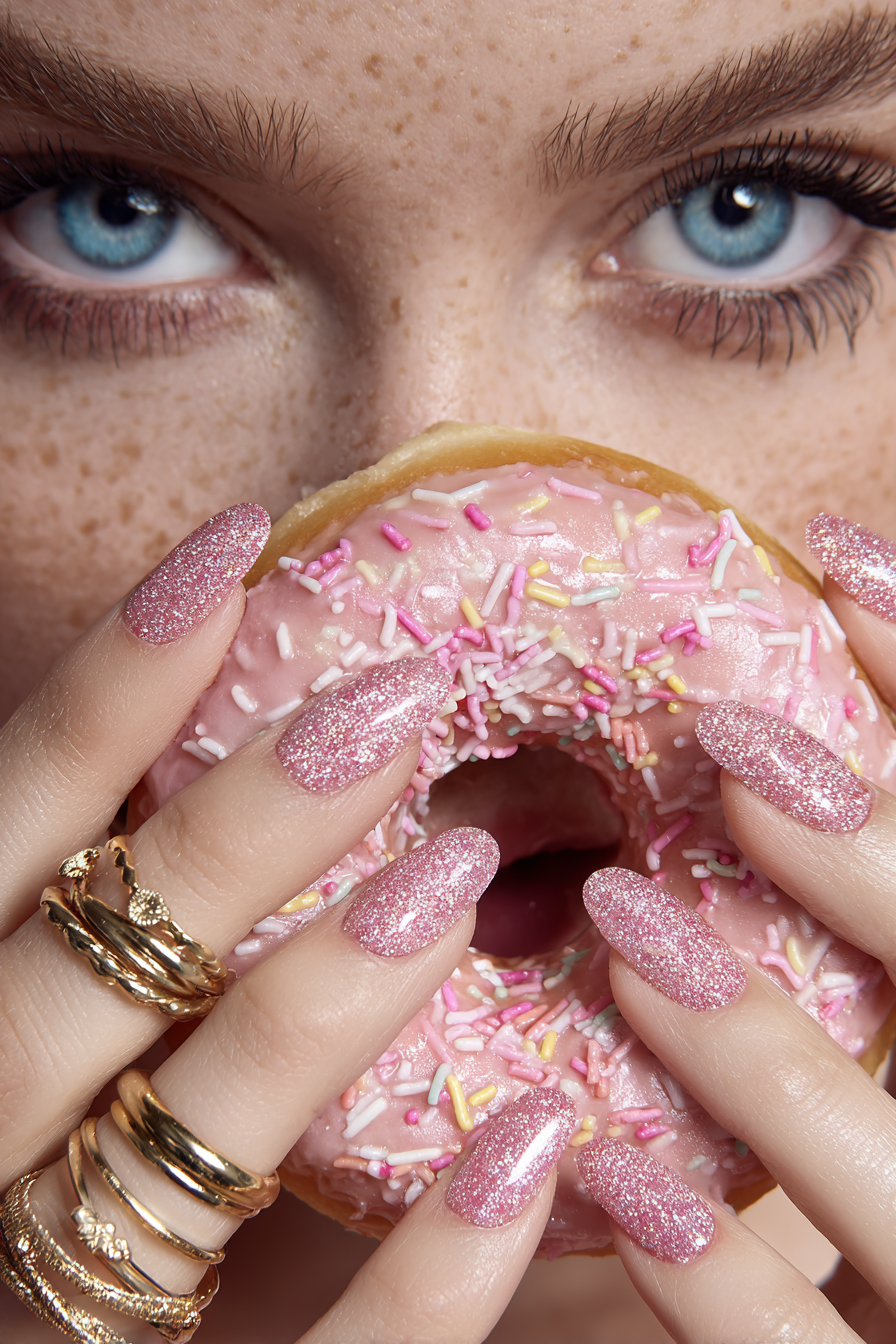 Close-up of a model's long, sparkly pink nails holding a pink sprinkle donut.