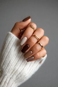 Close-up of a woman's hand wearing a cozy white sweater, showing long square nails painted in five different shades of brown and nude, including dark chocolate, mocha, taupe, and creamy beige, accessorized with thin gold rings.