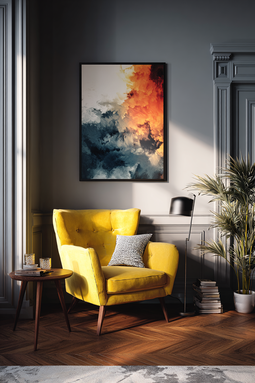 A modern interior featuring affordable wall art prints styled with neutral tones, minimalist frames, and a high-end designer look suitable for living rooms and bedrooms.