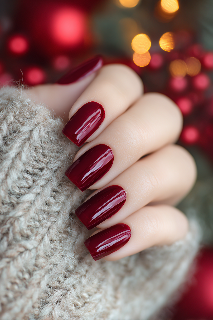 A close-up of a hand with shiny, square-shaped nails painted in a deep, glossy burgundy red polish, set against a soft, festive holiday background with blurred red ornaments and warm lights.
