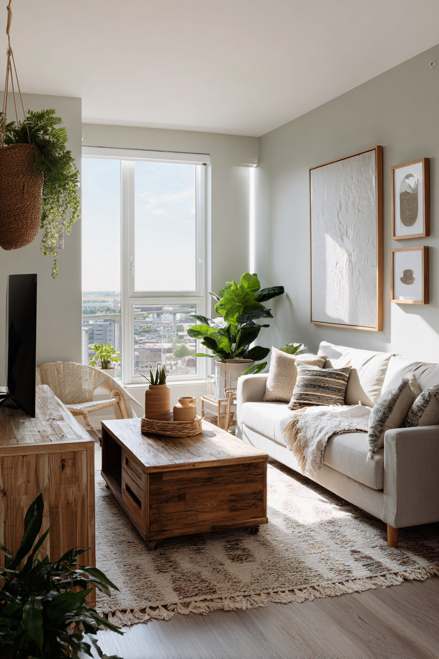 Cozy vibes and sunny days in this bright, natural living room. We love the mix of wood tones and fresh green plants!