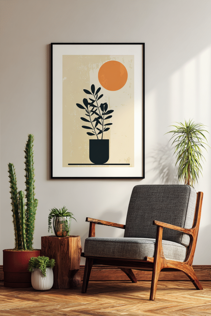 Modern wall art ideas displayed in a minimalist home interior featuring abstract prints, neutral colors, and contemporary wall decor trends for 2026.