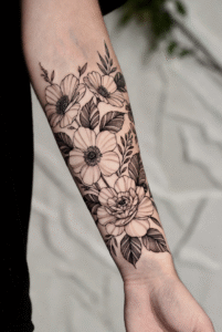 Botanical tattoo sleeve with vintage floral flowers and fine line nature design