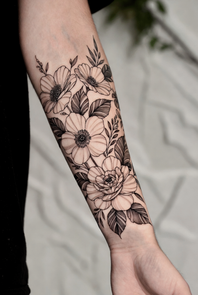 Botanical tattoo sleeve with vintage floral flowers and fine line nature design