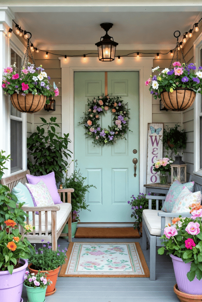 Spring Porch Decor with pastel cushions, hanging flowers, layered doormat, and soft lighting for a welcoming spring entryway