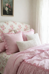 cozy floral bedroom ideas with vintage floral bedding, pink floral comforter and soft aesthetic bedroom decor