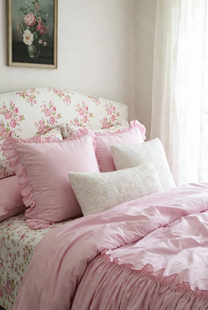 cozy floral bedroom ideas with vintage floral bedding, pink floral comforter and soft aesthetic bedroom decor