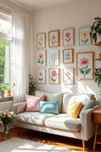 Bright living room decorated with budget-friendly spring decor ideas including pastel pillows, sheer curtains, fresh flowers, and light area rug.