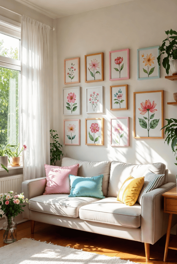 Bright living room decorated with budget-friendly spring decor ideas including pastel pillows, sheer curtains, fresh flowers, and light area rug.