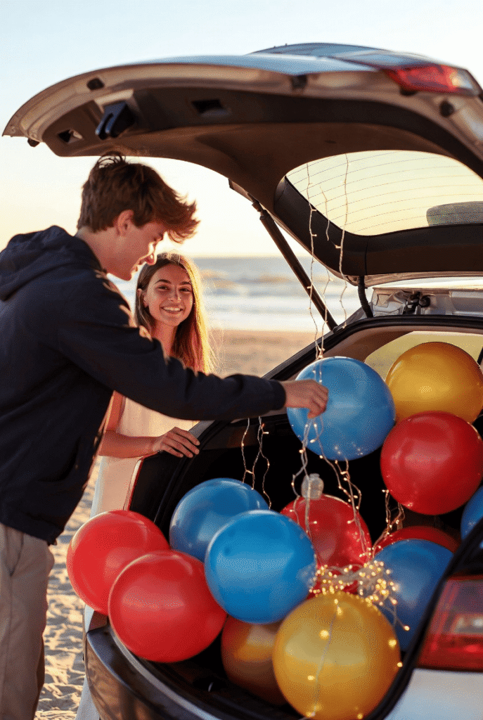 romantic promposal setup with balloons fairy lights and a cute prom poster idea