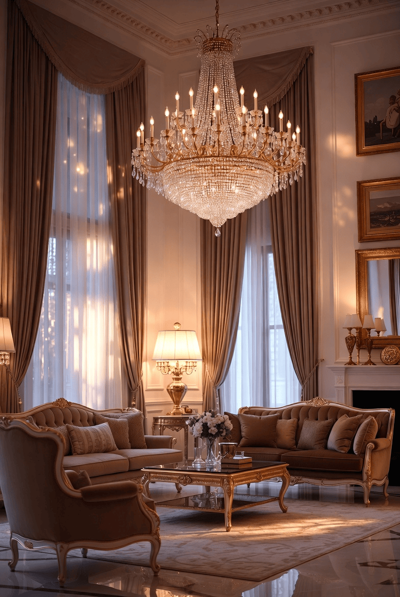 Luxury living room interior with modern sofa, neutral colors, elegant lighting, and high-end home decor design