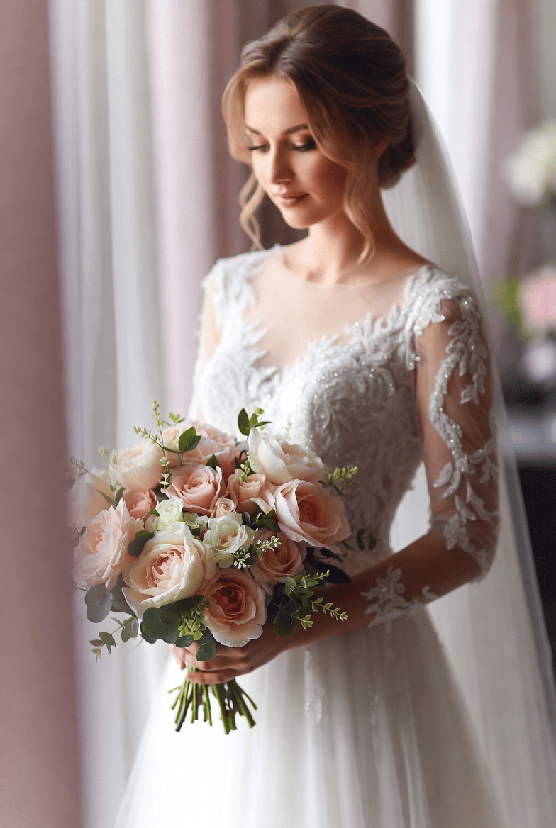 Bride holding a romantic bridal bouquet with roses and peonies — a simple and elegant wedding bouquet idea.