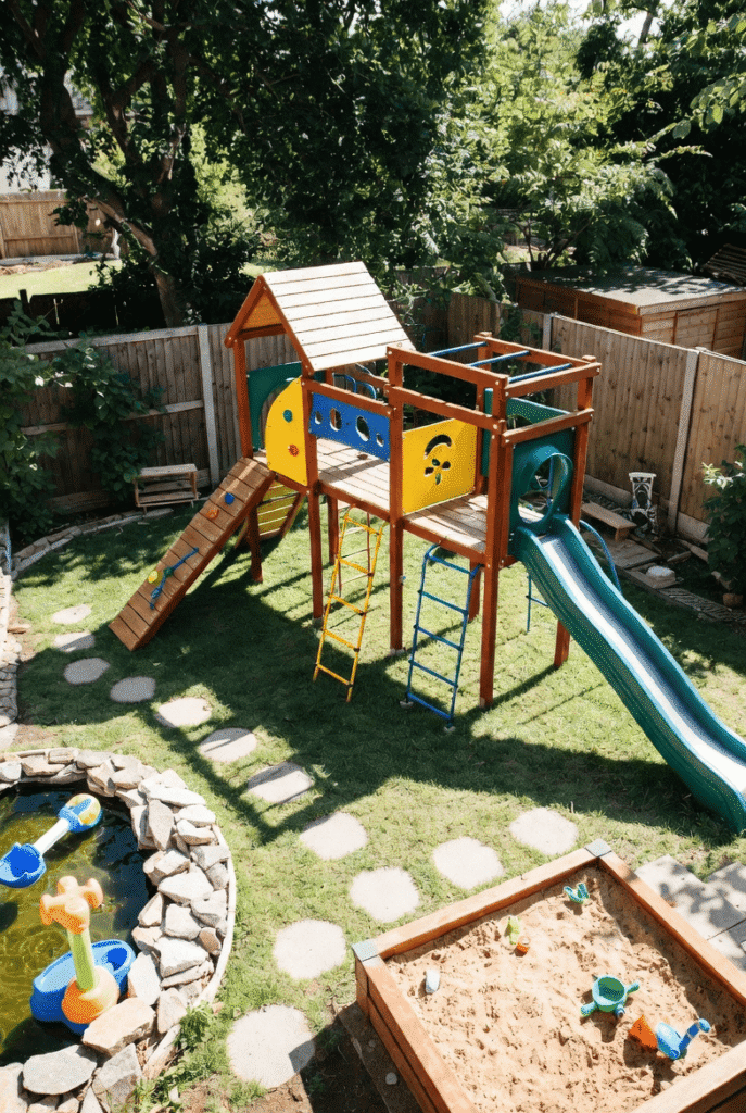 outdoor play area for kids with garden play setup including swings slide sandbox and fun backyard ideas
