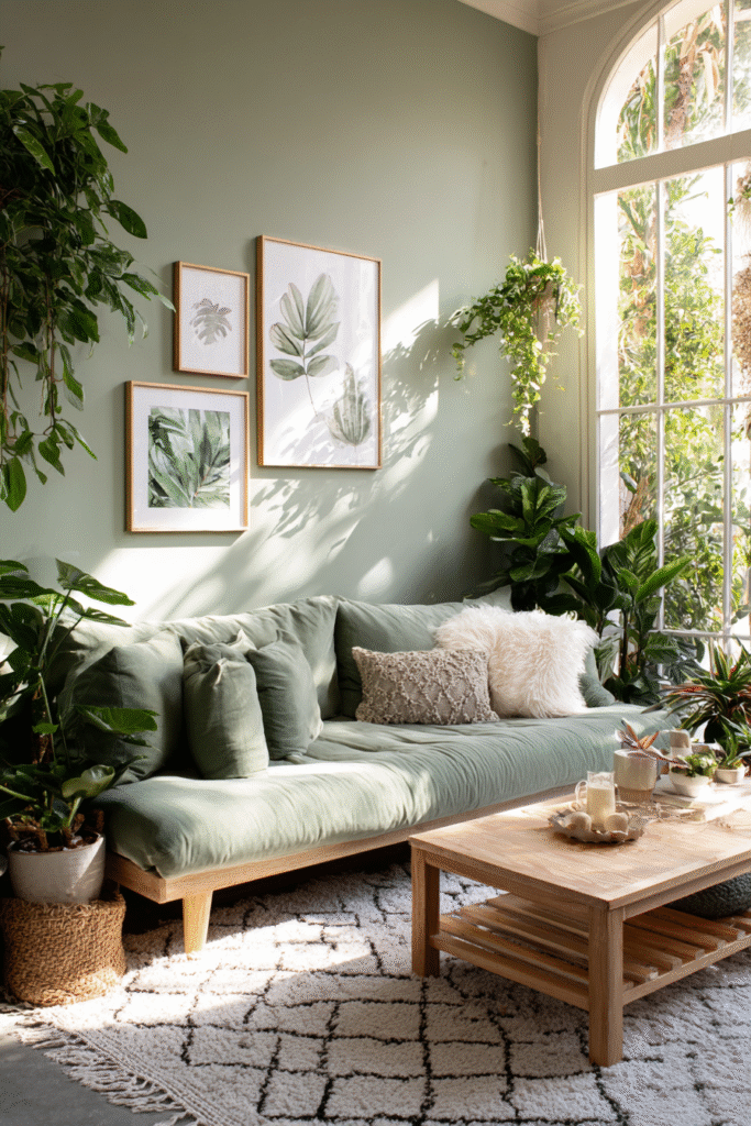 green home decor ideas with indoor plants, natural textures, modern living room design, fresh and cozy home aesthetic
