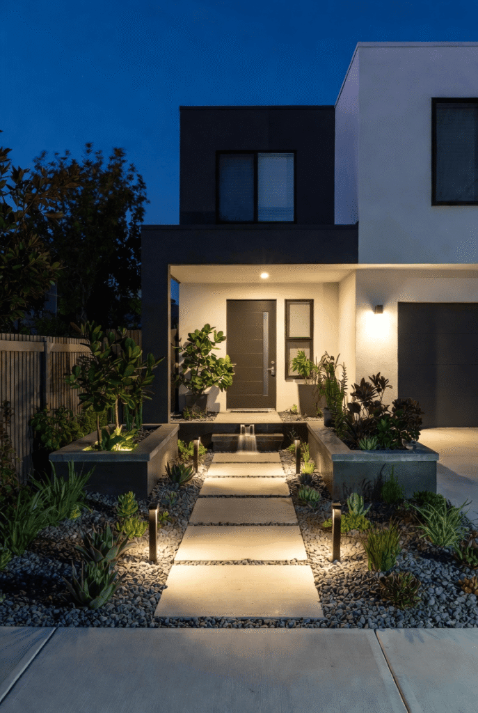 modern front yard landscaping ideas with clean design plants pathway and stylish home exterior setup