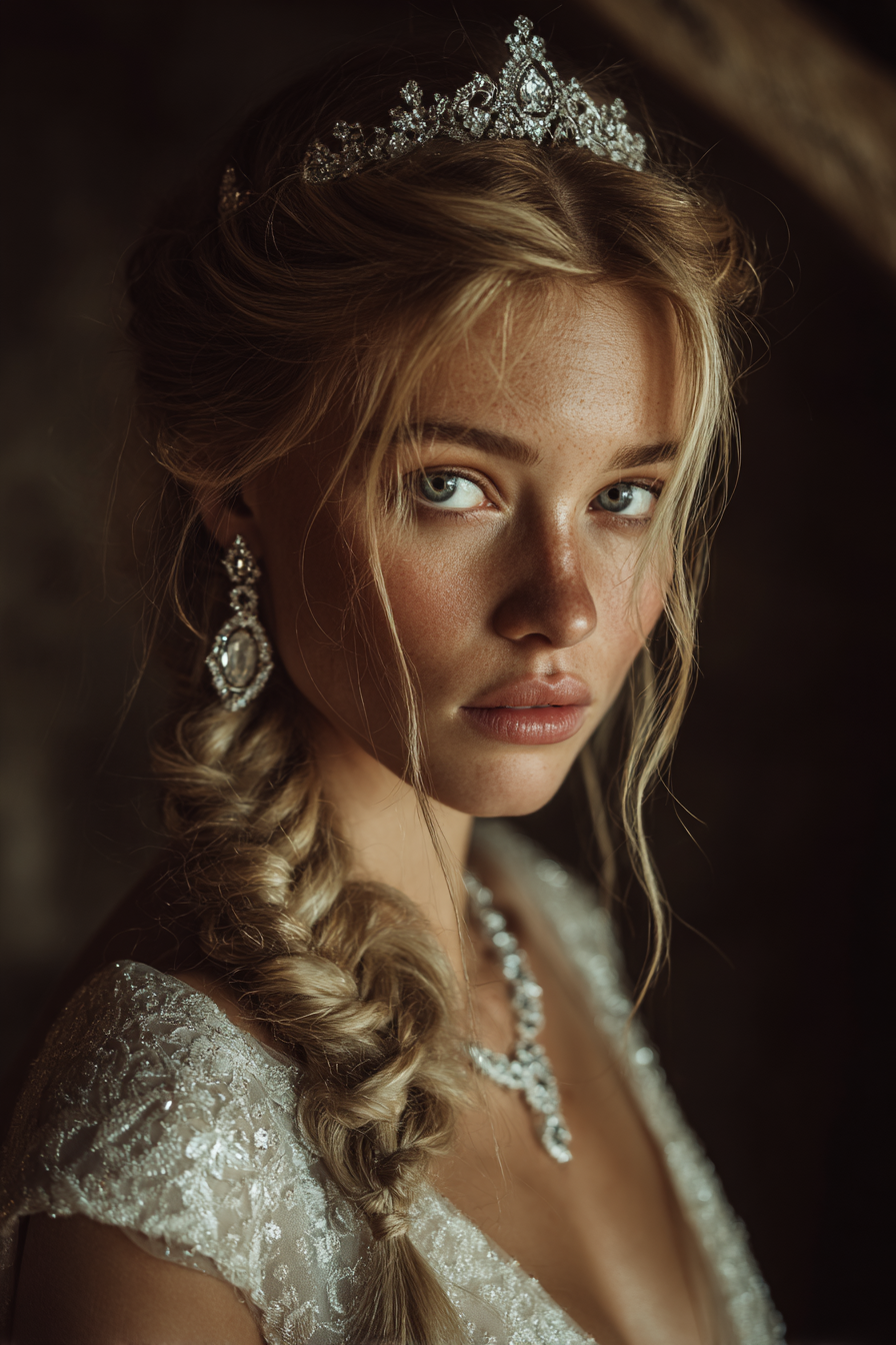 Bride with elegant long wedding hairstyle featuring soft curls and luxury bridal hair accessories
