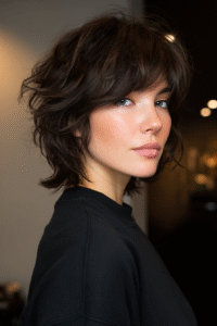 Woman with trendy short wolf cut hairstyle featuring textured layers and modern bangs