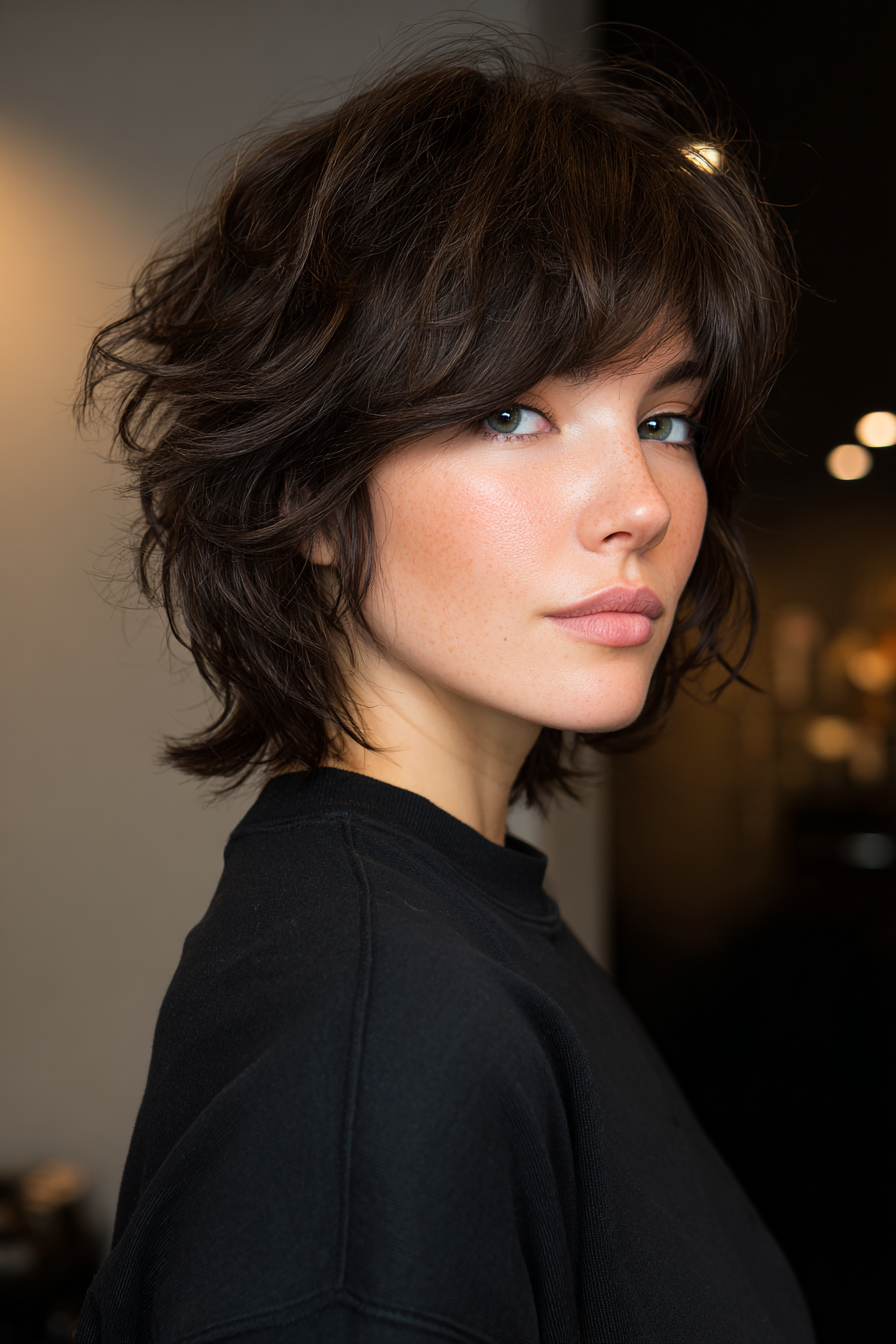 Woman with trendy short wolf cut hairstyle featuring textured layers and modern bangs