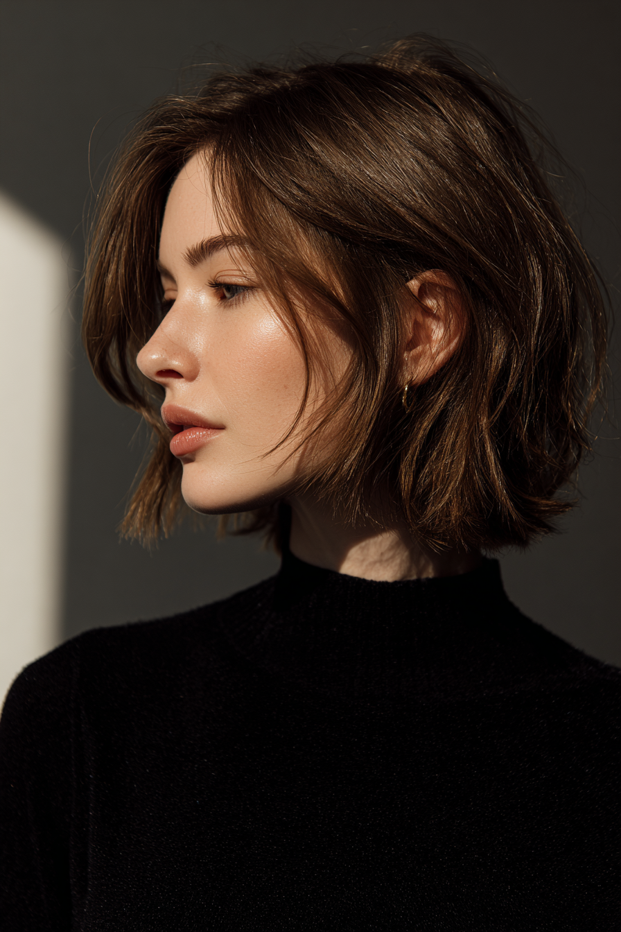 Women with stylish low-maintenance haircuts including pixie cuts, textured bobs, layered hairstyles, and butterfly haircuts