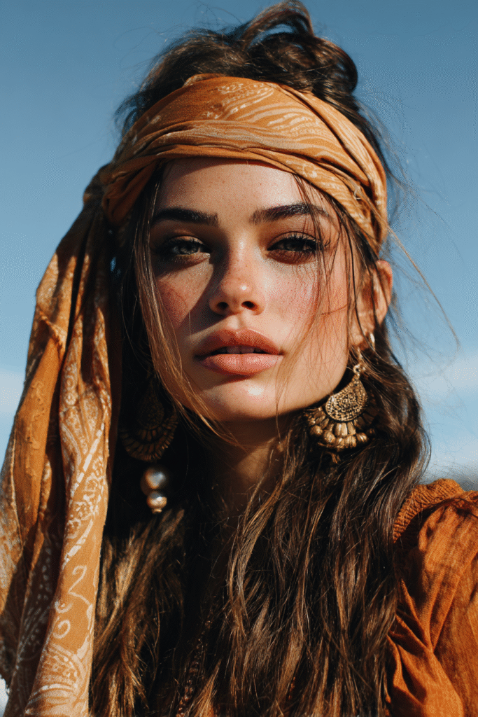 Woman with trendy moto boho hairstyle 2026 featuring textured layers, soft waves, and modern bohemian hair inspiration.