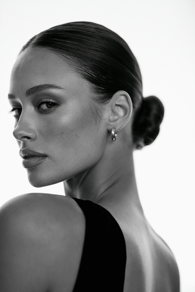 Woman with an elegant low bun hairstyle featuring soft face-framing strands and pearl hair accessories
