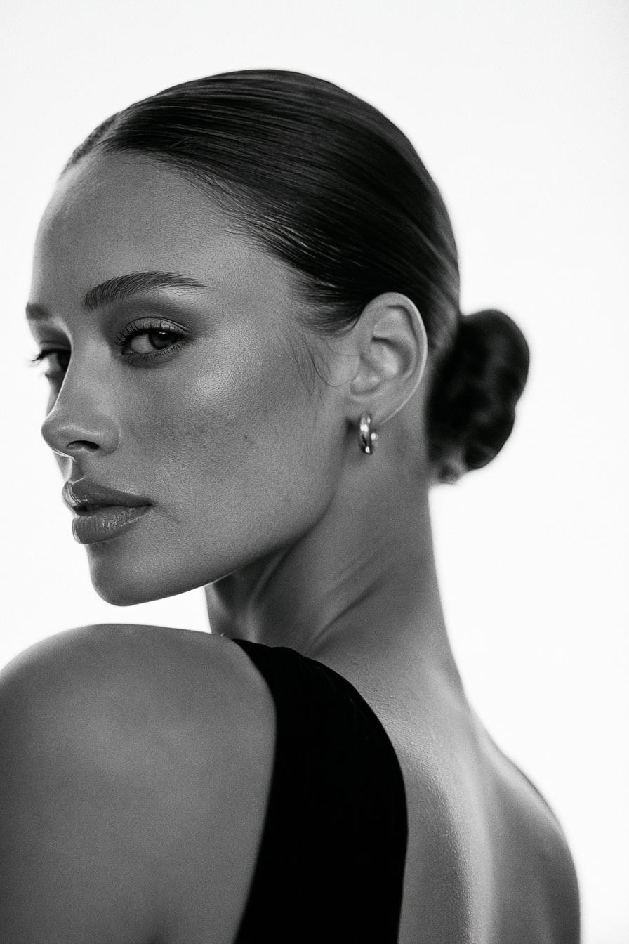 Woman with an elegant low bun hairstyle featuring soft face-framing strands and pearl hair accessories