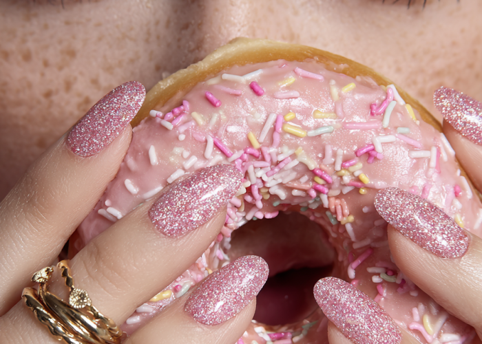 Nail inspiration that's sweet! Get the look with a light pink glitter polish and an almond shape.