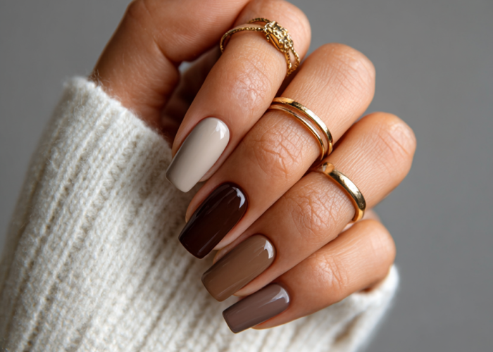 Sweater weather nails! 🍂 Get ready for the autumn and winter season with this beautiful 5-shade brown and nude mismatched manicure. It’s the perfect, trendy nail look for a cozy day. Save this for your next salon visit!